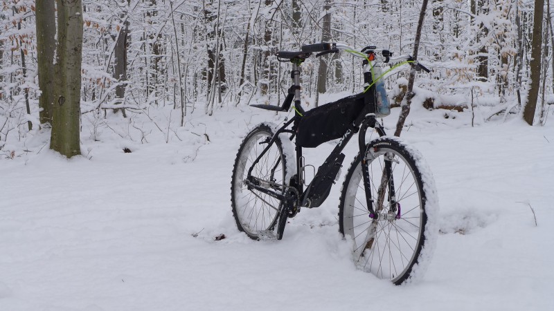 Front, right side view of a black Surly bike with gear packs, parked on a clearing of deep snow, in the snowy woods