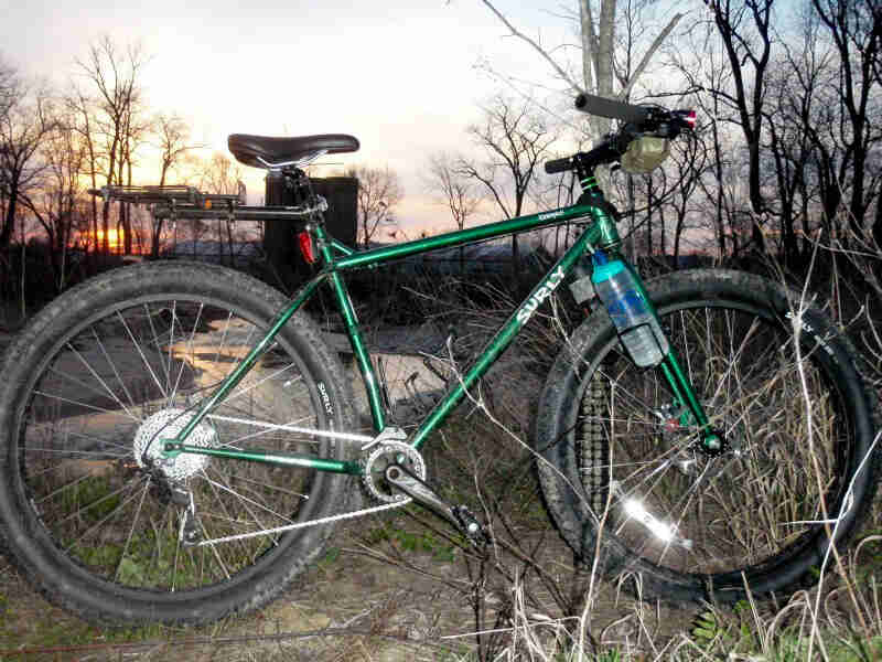 Right side view of a green Surly Krampus bike, parked in the weeds next to a stream, at dusk