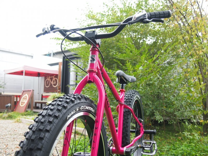 Front, left side view of a pink Surly fat bike, parked in front of a green bush with a shed behind it