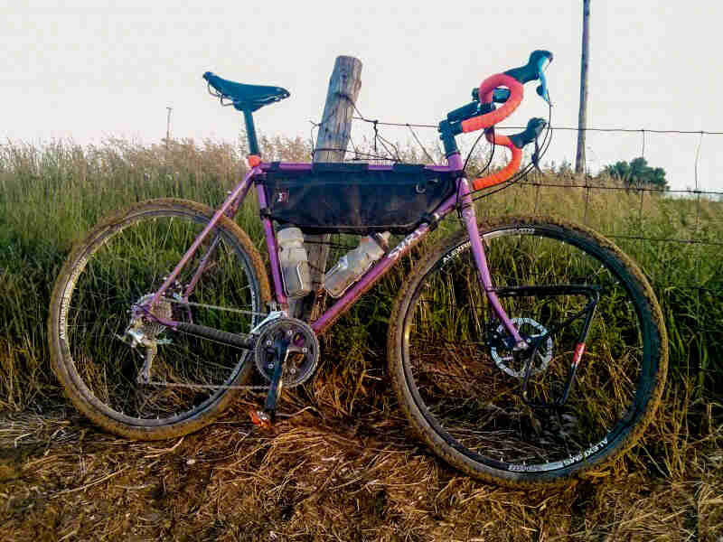 Right side view of a purple Surly bike with muddy tires, parked alongside a wire fence with deep grass behind