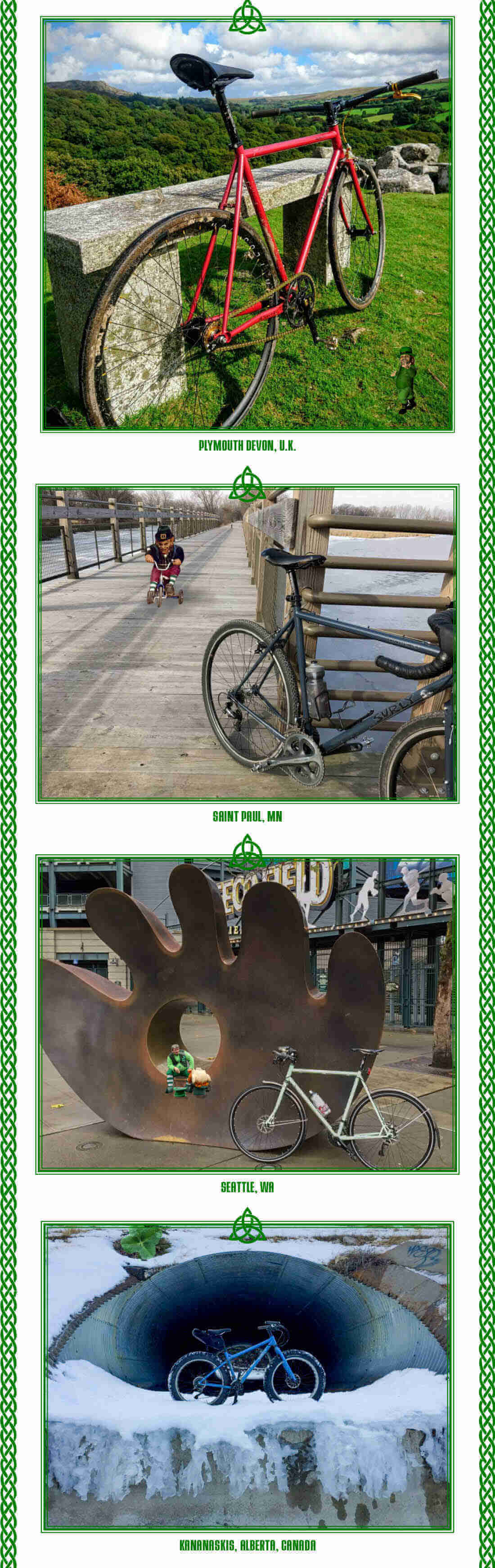 Multiple images of Surly bikes, with their specific location shown below each image