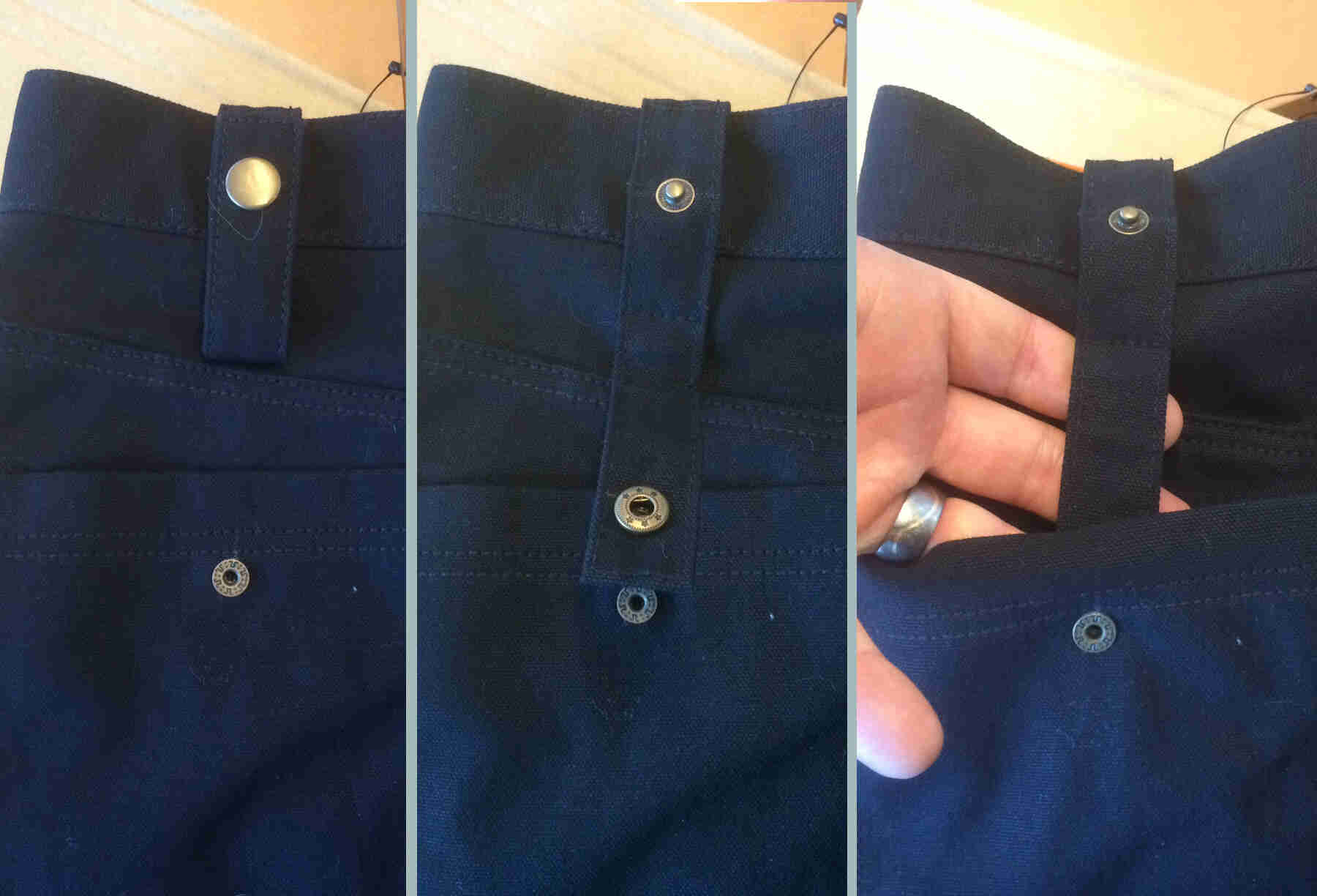 Surly Pants - blue - closed belt loop detail (closed, open, inner pocket snap) detail - downward view