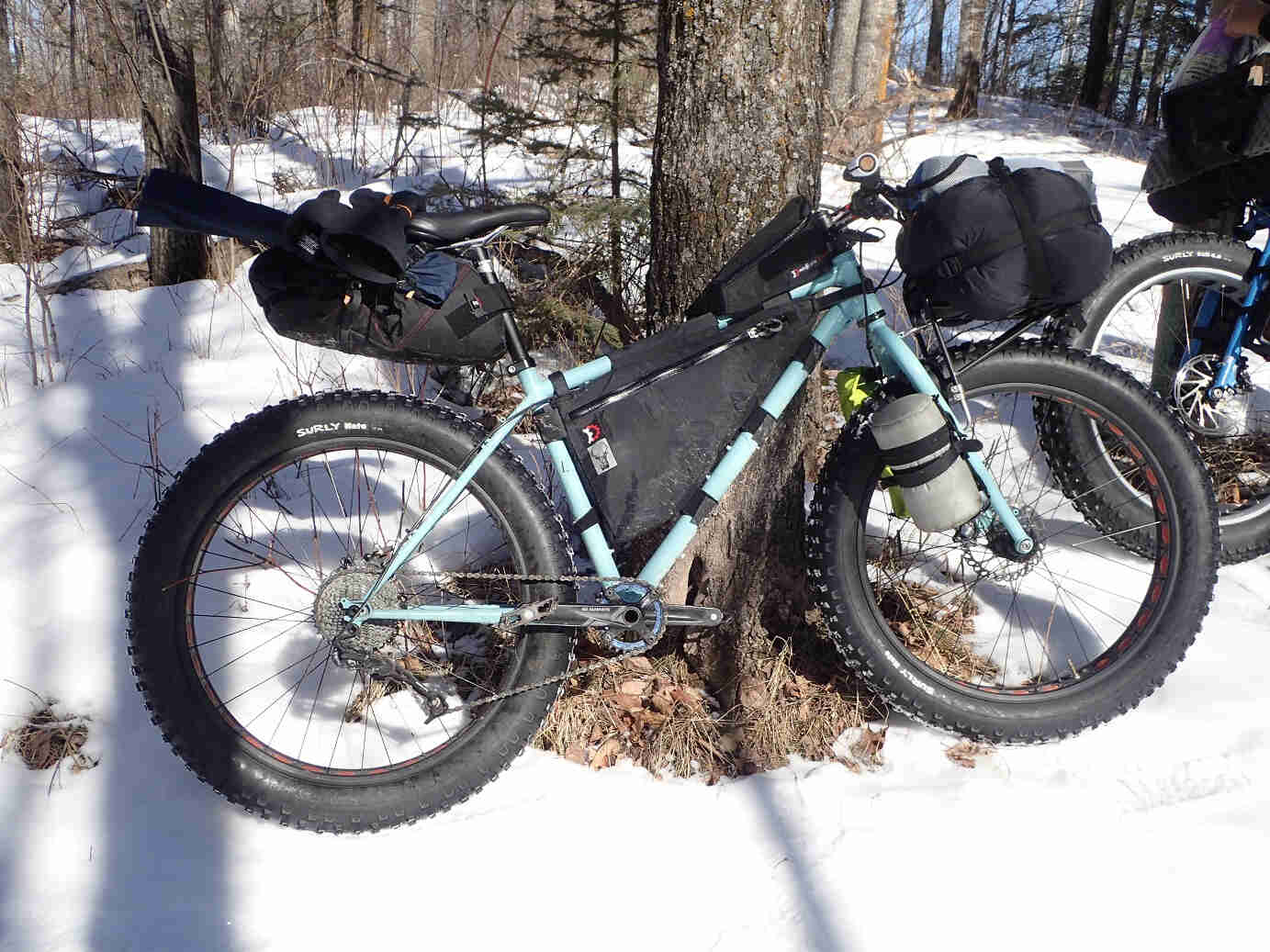 Right side view of a mint Surly Wednesday fat bike, loaded with gear, parked on snow in front of a tree in the woods