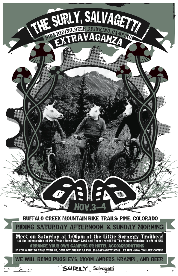 A poster for the Surly Salvagetti Extravaganza, showing black & green illustrated graphics and photo image in the middle