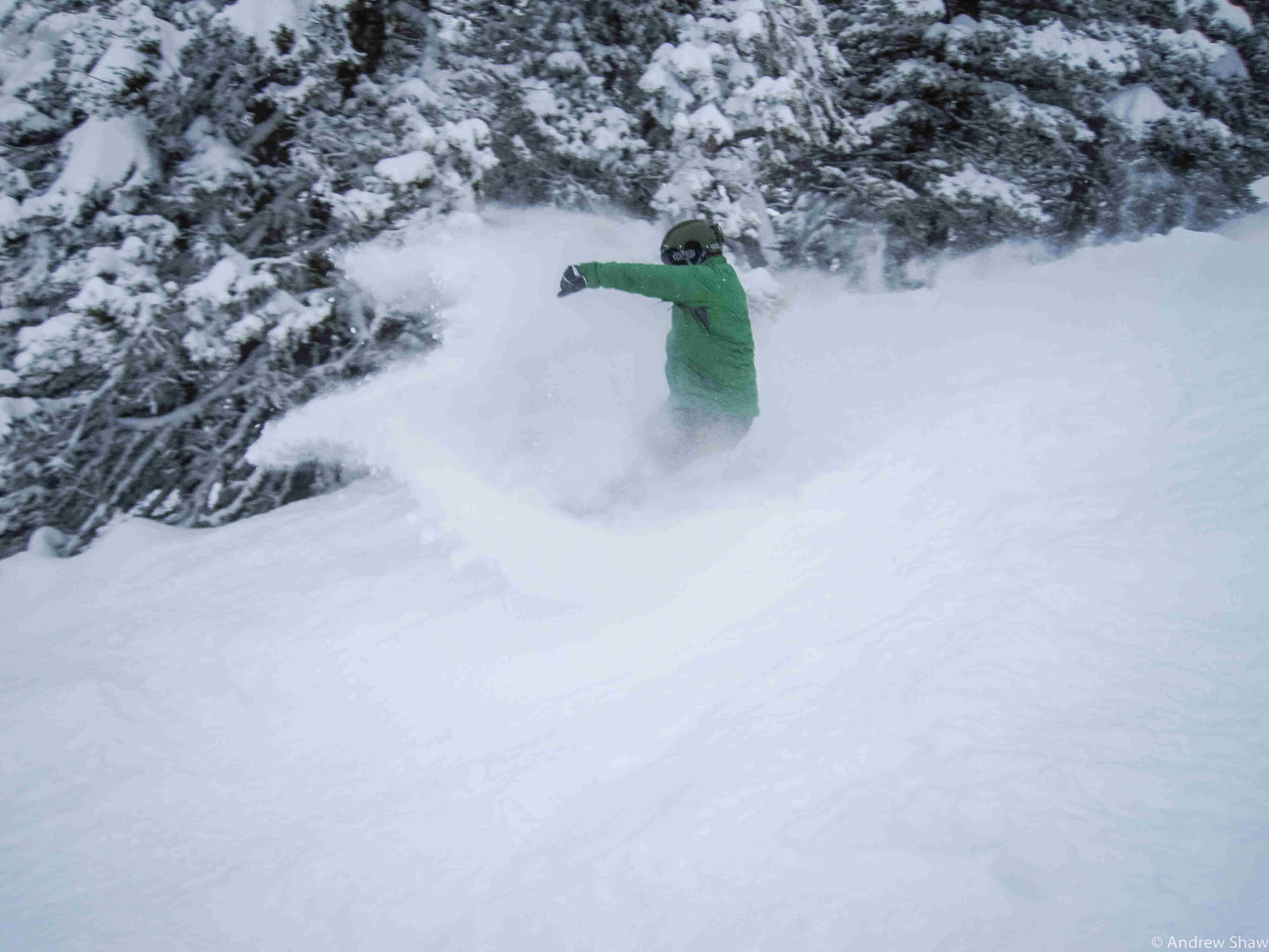 Side view of a skier, wearing a green jacket, kicking up snow while they sky down a hill