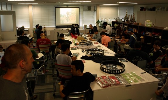 A view from the rear of an office meeting room, with people sitting around a table with bike parts on it