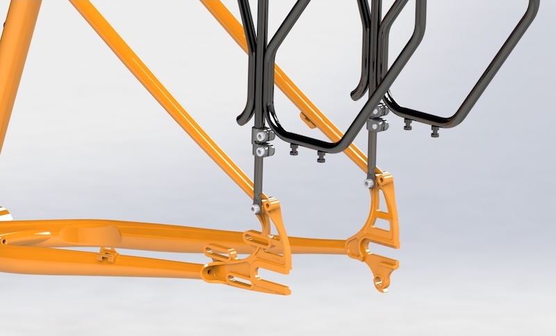 Zoom in of the back lower half view of chain stay, seat stay and axle plate of a Surly Pugsley fat bike frame, orange