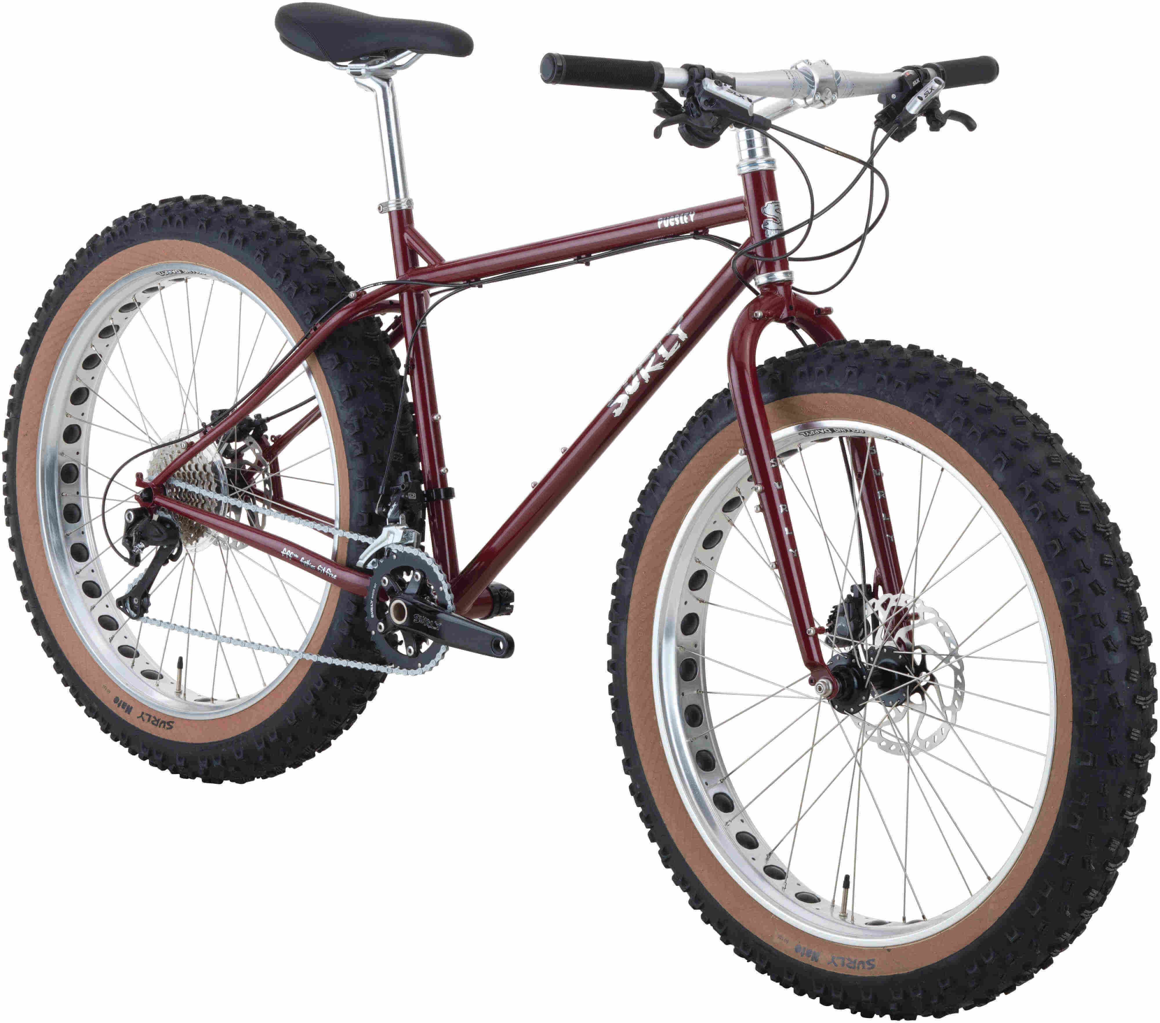 Surly Pugsley fat bike with gumwall tires - dark red - Front, right side view with white background