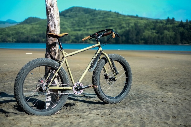 Right side view of a tan Surly Pugsley fat bike, in a field of sand against a tree, next to a lake with mountains behind