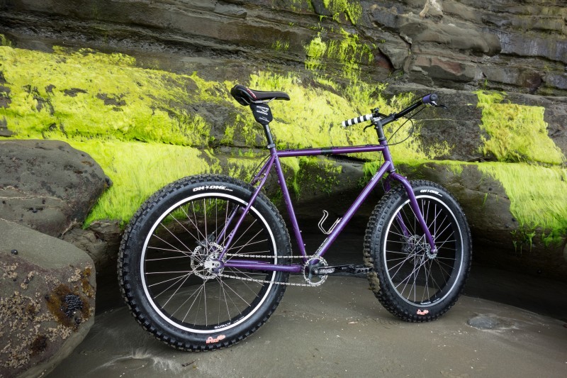 Right side view of a purple Surly Pugsley fat bike, parked on sand, against the bottom of an ocean cliff wall