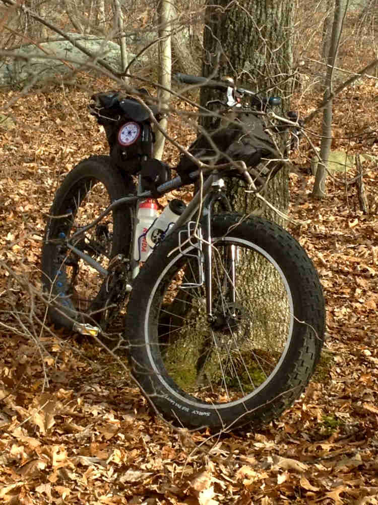 Right front view of a gray Surly Pugsley fat bike, parked on trees in the woods
