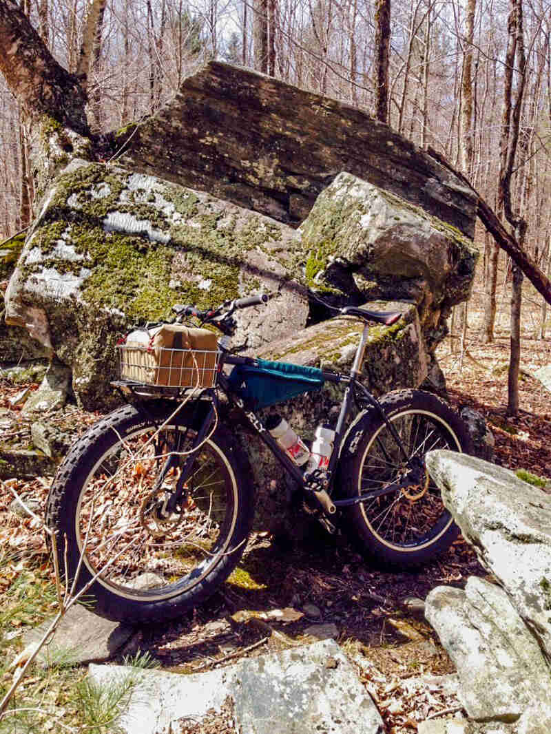Left side view of a black Surly Pugsley bike, parked on rocks in front of a large boulder in the woods