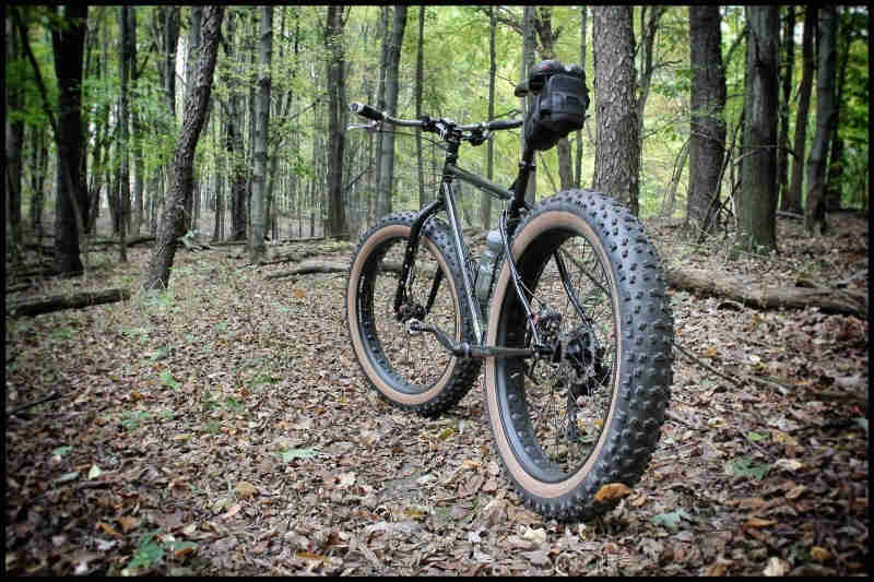 Rear, right side view of an olive drab Surly Pugsley fat bike, facing down a leaf covered trail in a forest