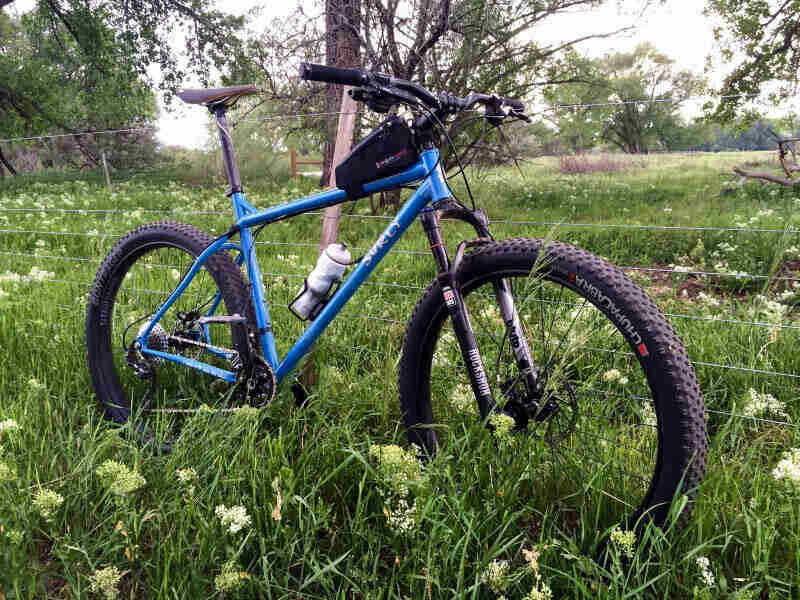 Right side view of a blue Surly bike, parked in a tall grass field against a wire fence, with trees in the background