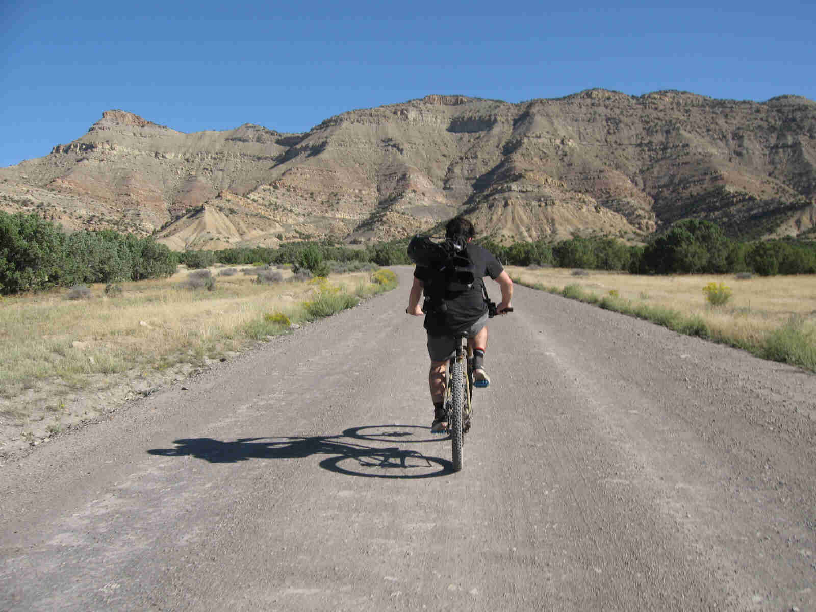 Right view of a cyclist, riding a Surly bike straight away, on a gravel road with fields on the side and mountains ahead