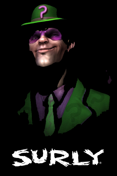 Colored graphic illustration, showing a shadowed Riddler from Batman, above, and Surly spelled out below in white text