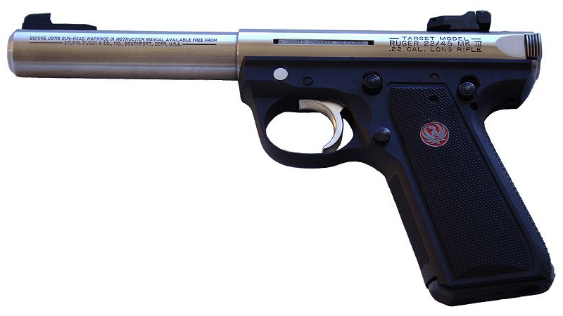 A Ruger MK series .22 pistol  - silver with black handles - white background - left side view