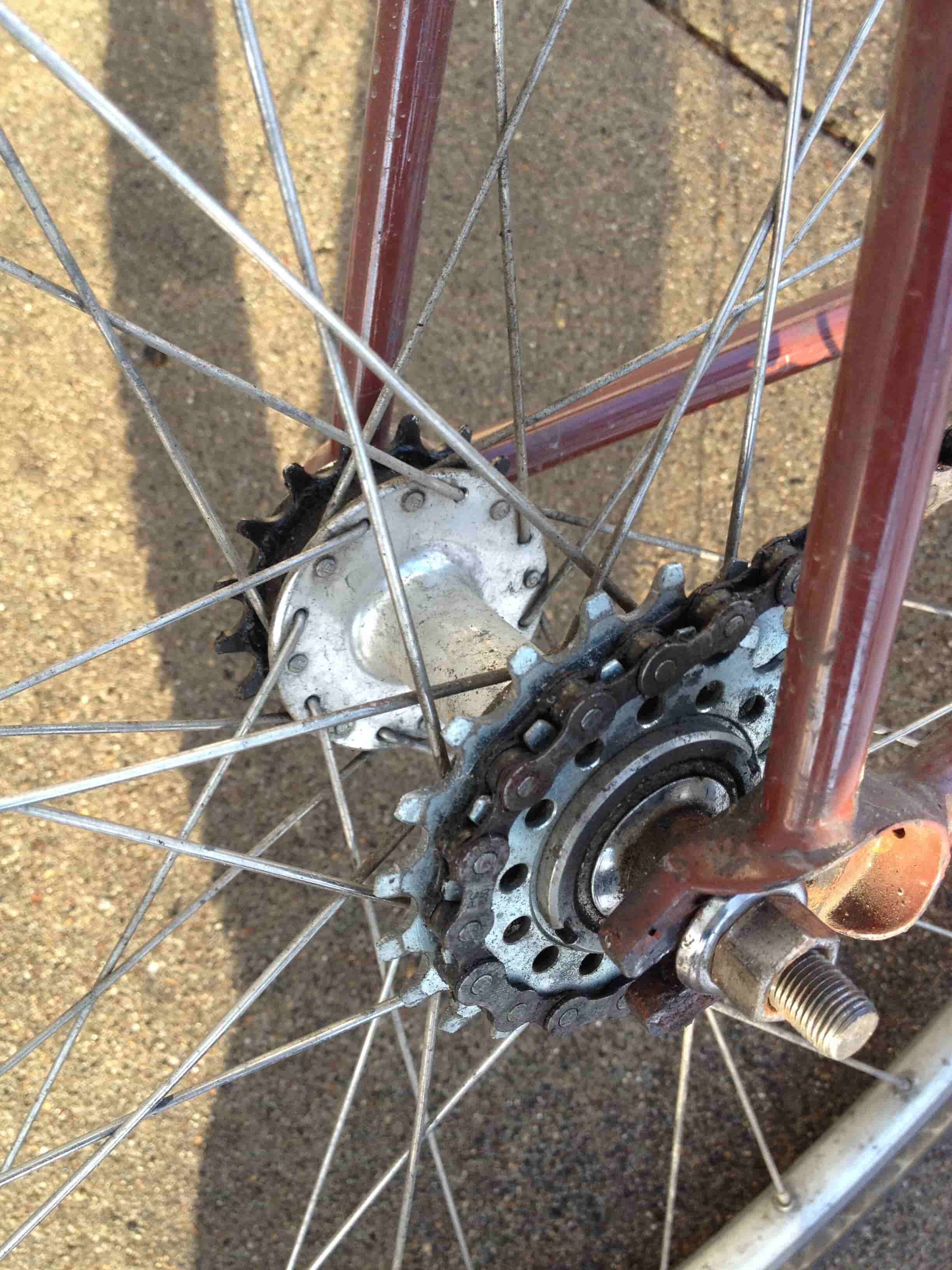 Close up, right side view of the rear wheel, with a flip-flop hub, on a red Surly Steamroller bike