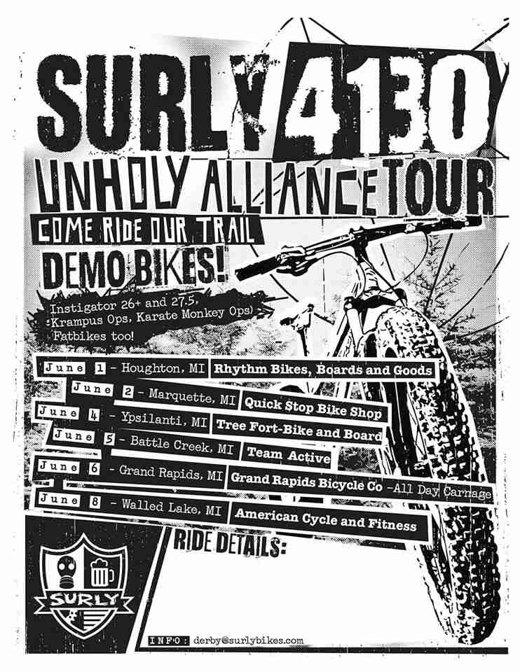 A black and white flyer for the Surly 4130 Unholy Alliance Tour