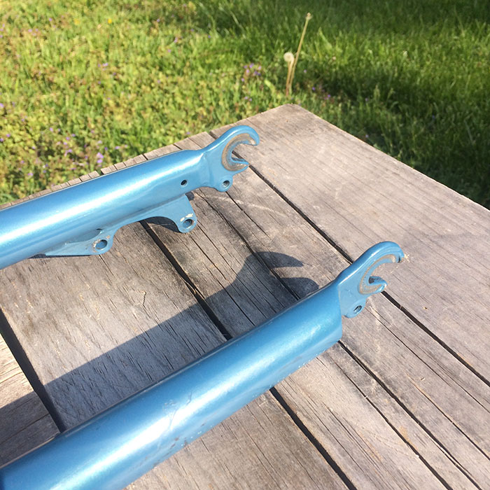 Cropped view of the lower fork QR dropouts from a Surly Krampus prototype fork, blue