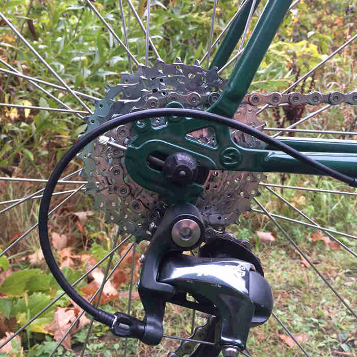 Close up of the cassette and derailleur on the rear of a green Surly Pack Rat bike with weeds in the background