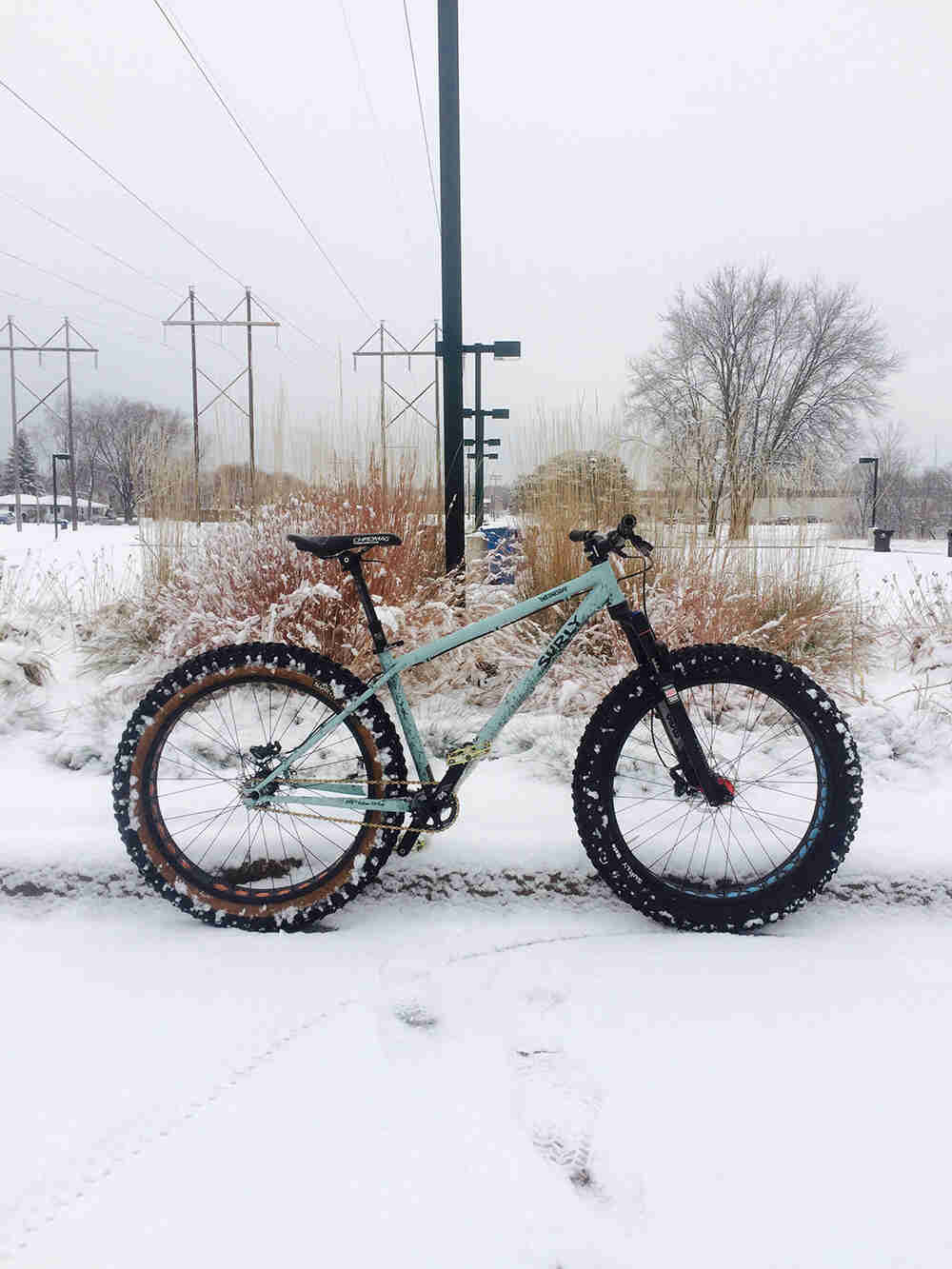 Right side view of a mint green Surly Wednesday fat bike, parked in snow, with power lines in the background