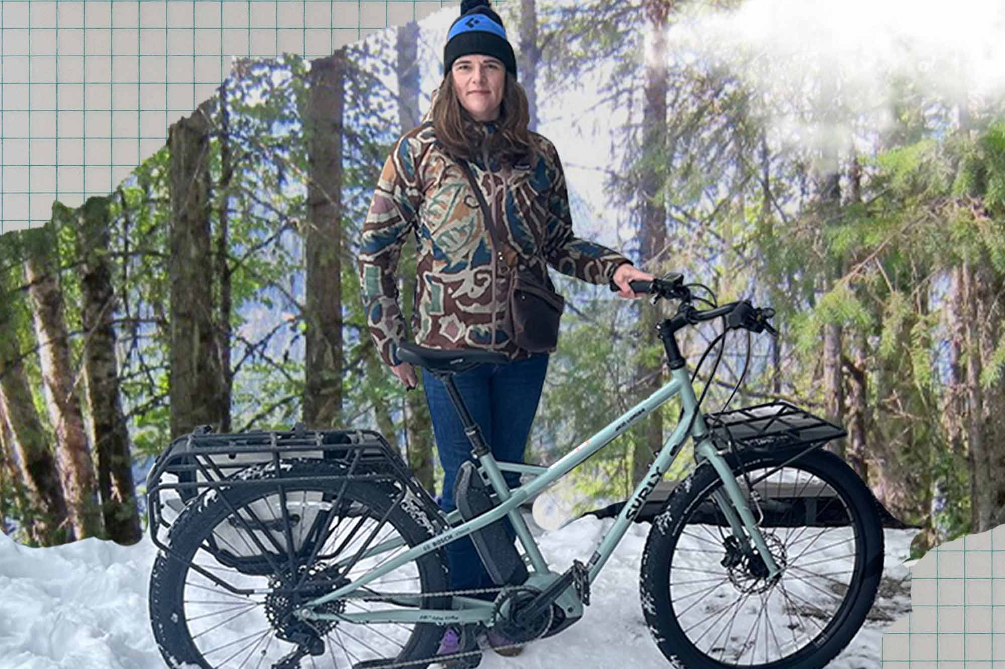 Athena standing with Surly Skid Loader Cargo Ebike