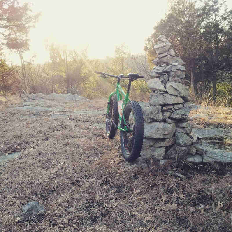 Rear view of a green Surly fat bike, leaning against a stack of stones, in a grass field facing a the woods