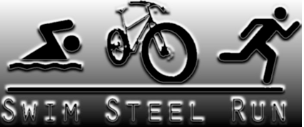 Black and white graphic image with the words Swim Steel Run