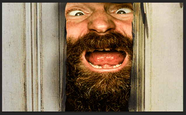 Cropped Graphic illustration of a bearded person's face, busting through a door