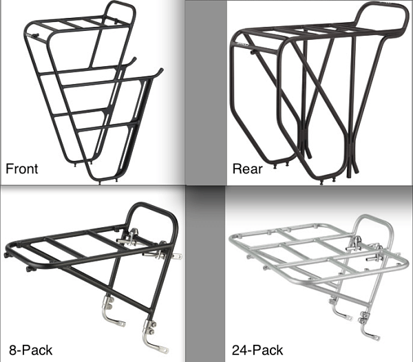 Quad split image of Surly Front, Rear, 8-Pack and 24-Pack, racks