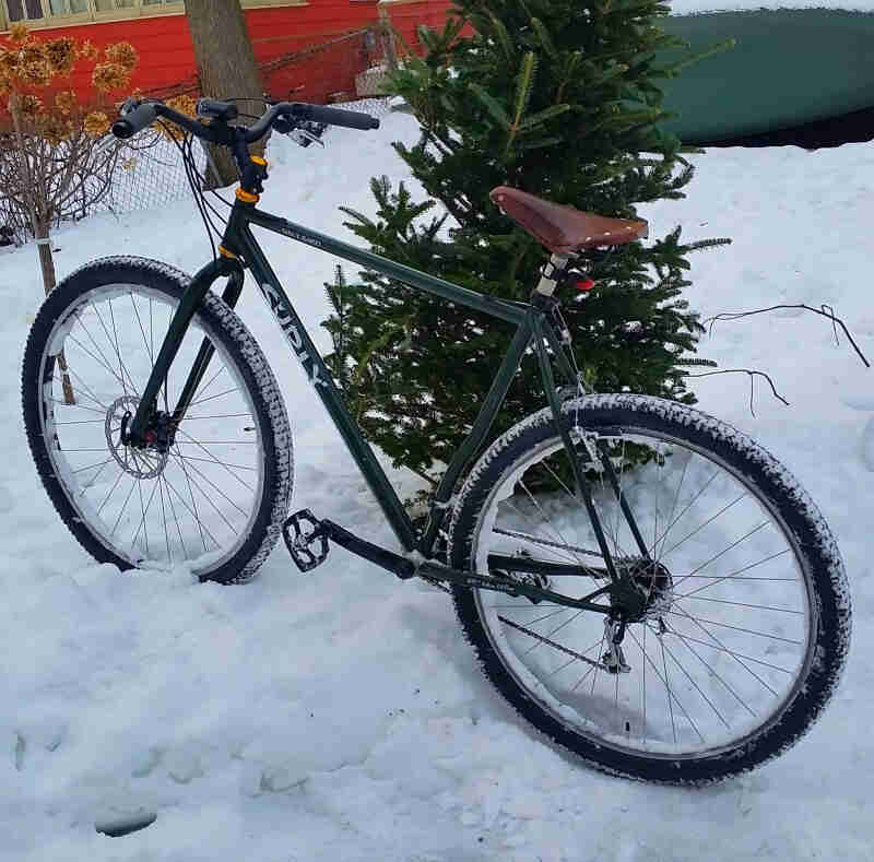 Left side view of Surly bike, parked in snow, next to a small pine tree