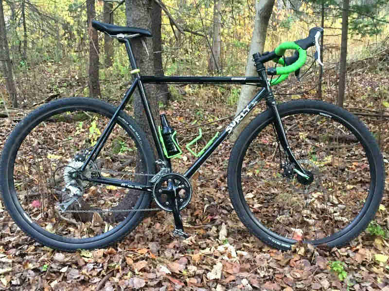 Right profile of a Surly Straggler bike, parked on leaves in front of a tree, with a forest in the background