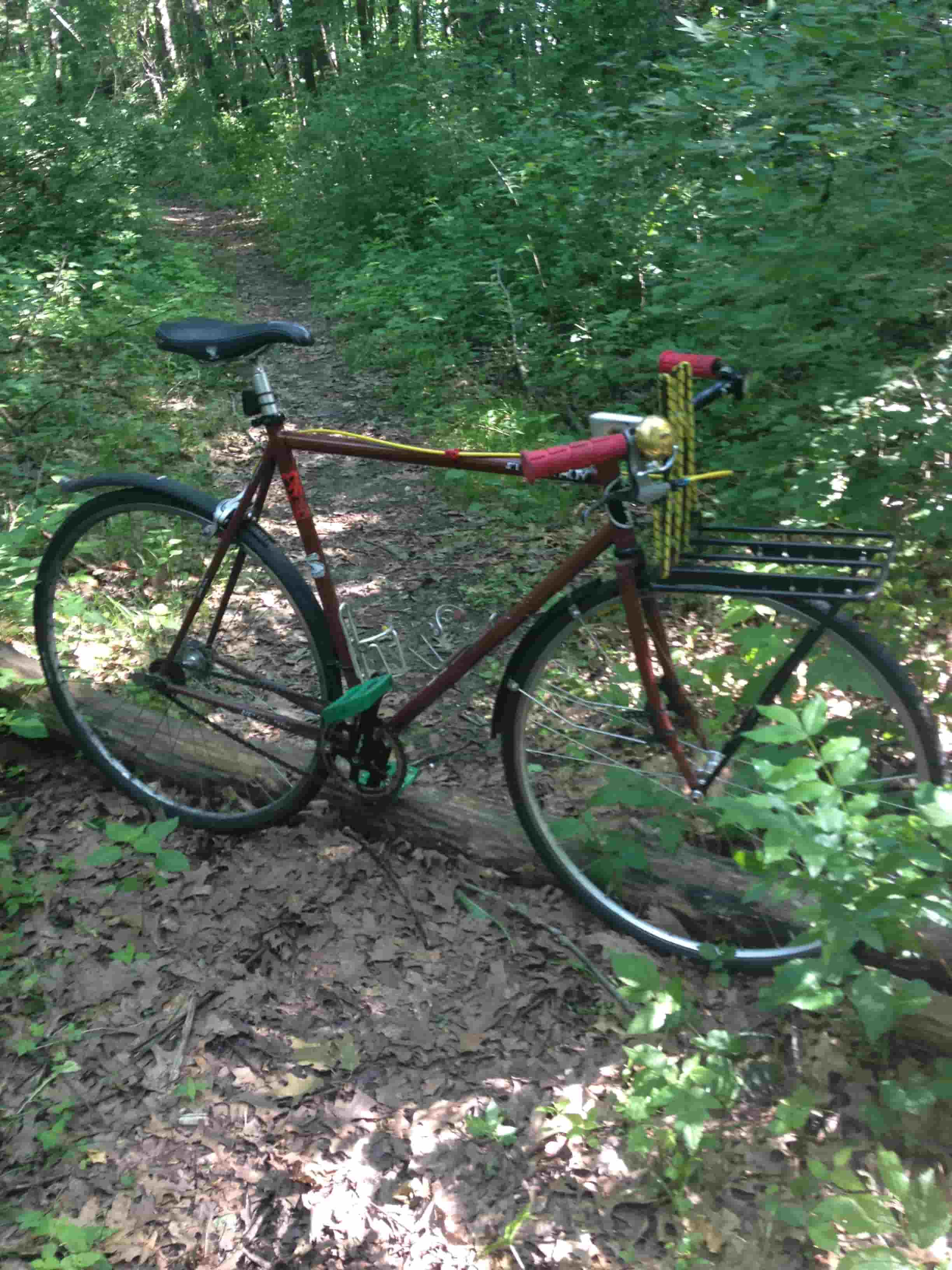Right side view of red Surly Steamroller bike, parked across a dirt trail in the green woods