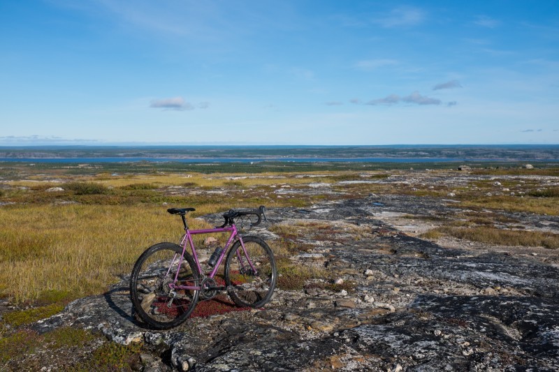 Right side view of a purple Surly Straggler bike, standing on a flat stone field with patches of grass