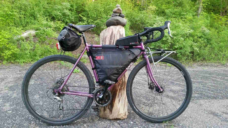 Right view Surly Steamroller bike, purple, leaning on the log behind it, with a weedy hill in the background