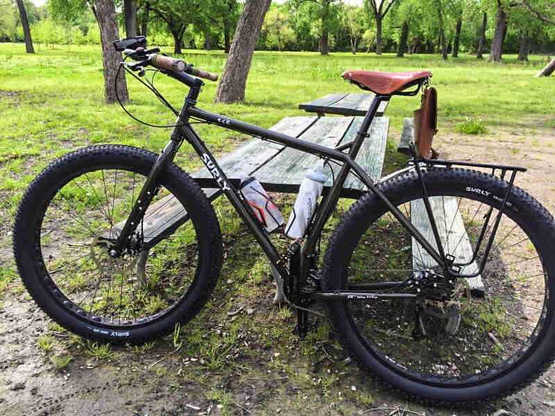 Left side view of a Surly ECR bike, leaning against the end of a picnic table, in a grass field with trees