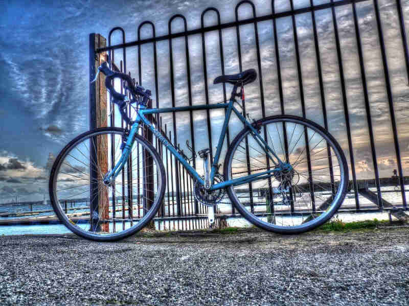 Painted portrait rendering - left side view of a blue Surly bike, parked against a fence with a harbor behind it