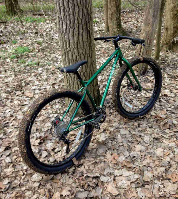 Right side view of a Surly Krampus bike, green, parked on leaves , in front of a tree in the forest