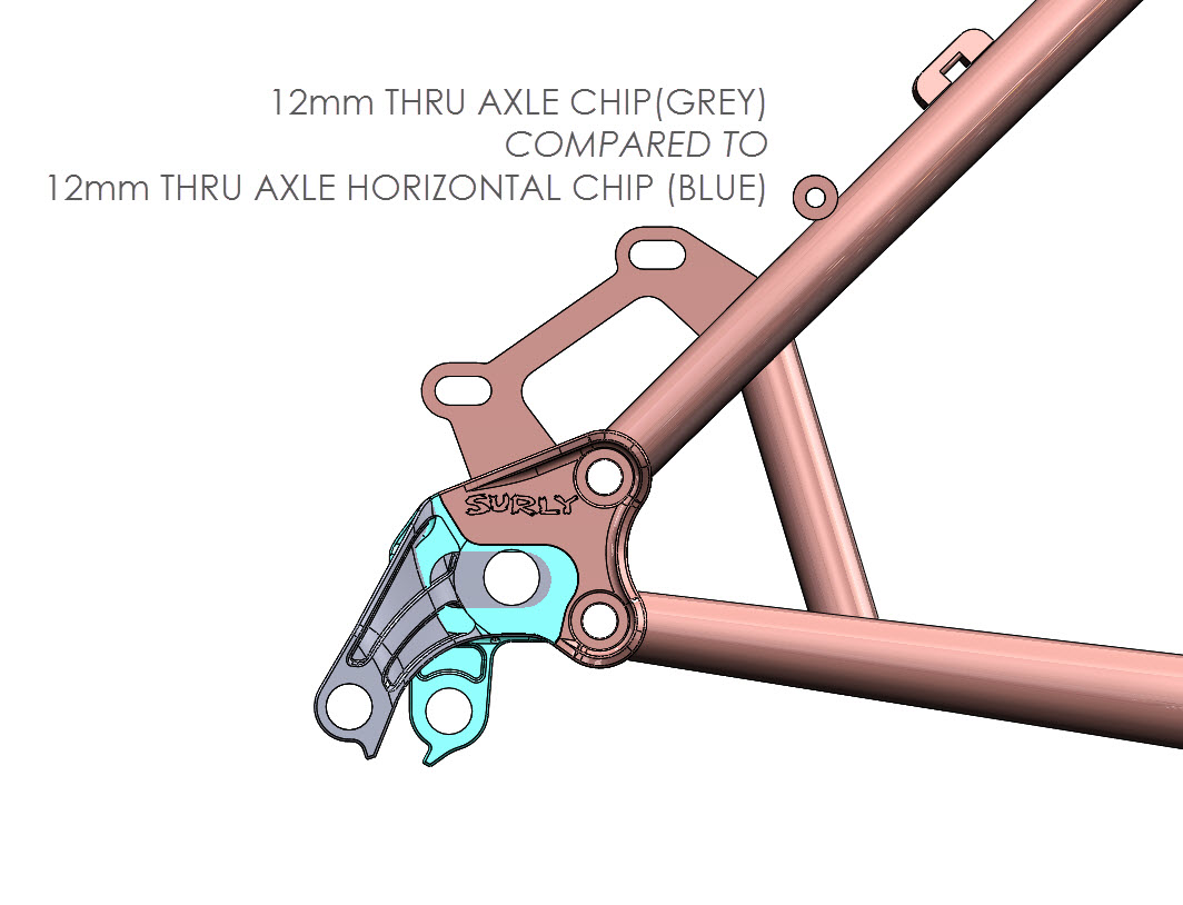 CAD Illustration - Surly bike frame - Modular Dropout System, 12mm chip comparison detail - Right side view