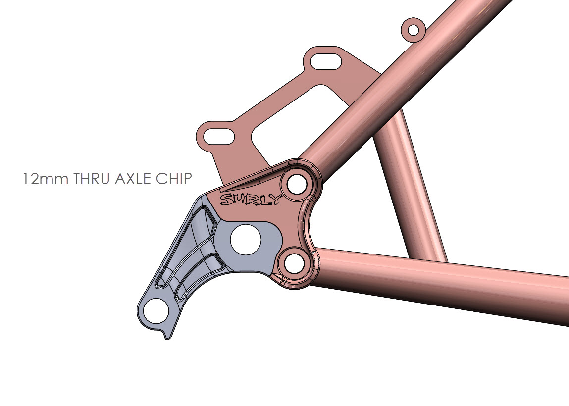 CAD Illustration - Surly bike frame - Modular Dropout System, 12mm Thru-Axle chip detail - Right side view