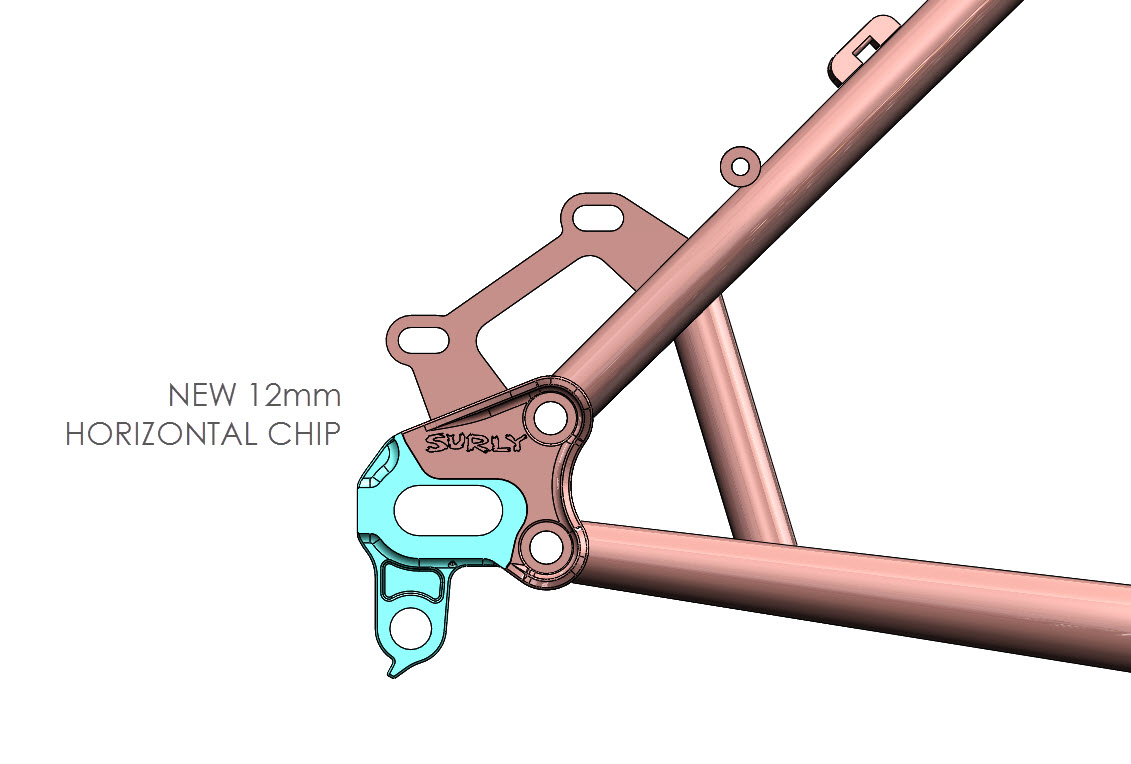 CAD Illustration - Surly bike frame - Modular Dropout System, 12mm Thru-Axle Horizontal chip detail - Right side view