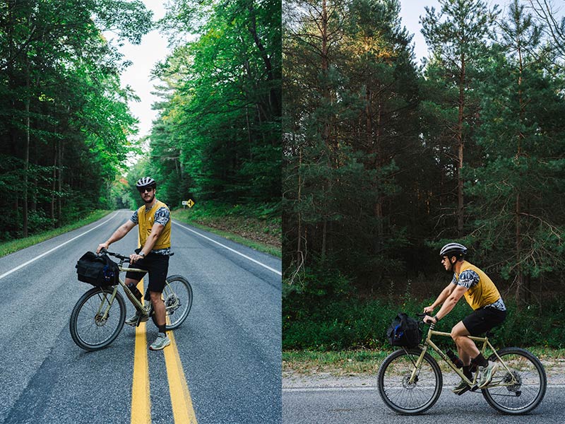 Split image of cyclist riding on pavement, and standing over Surly Bridge Club bike in middle of road