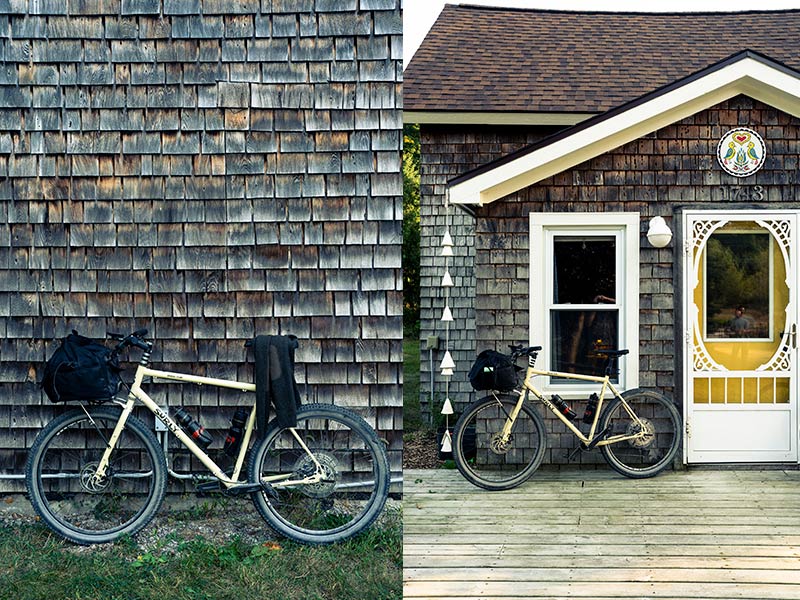 Split image of Surly Bridge Club bike with front rack bag leaning up agains cedar shake house side and front door view