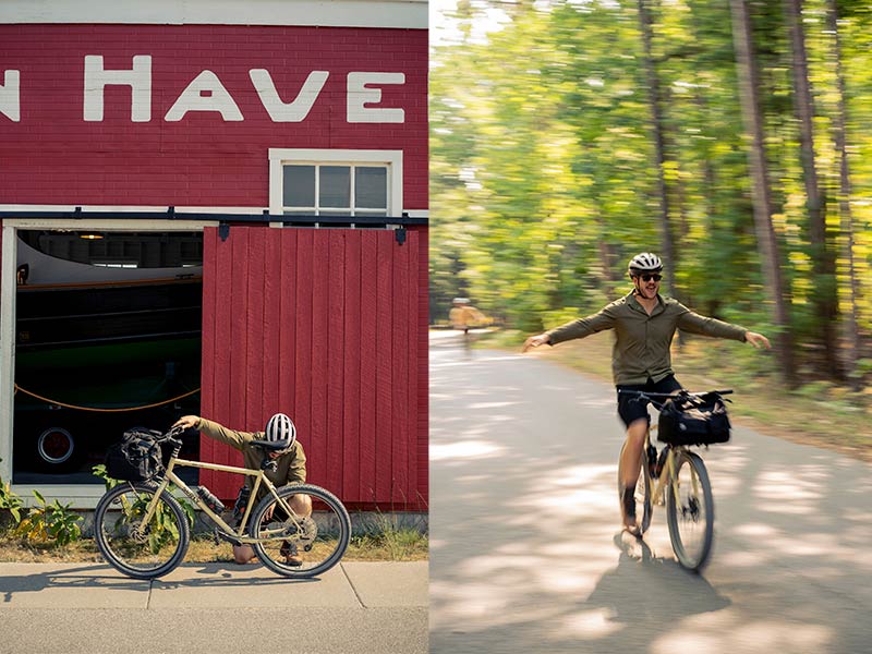 Split image of cyclist in front of building with Surly Bridge Club bike, riding no handed on gravel road