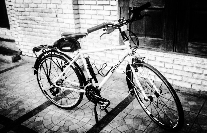 Right side view of a Surly Long Haul Trucker bike, parked on a sidewalk, next to a brick wall - black and white image