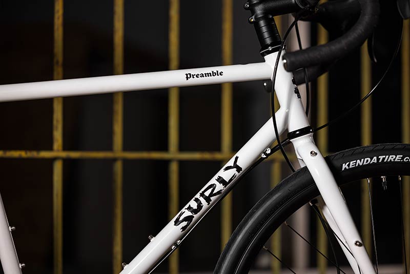 Surly Preamble white drop bar bike focus on frame tubing and decals