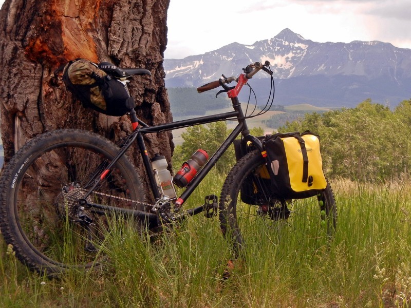 Right side view of a black Surly bike with gear, parked on grass at the base of a tree, with mountains in the background