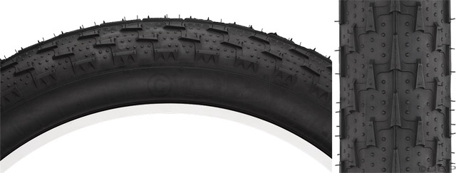 Surly Larry bike tire - black - side wall view on left, and front tread view on right