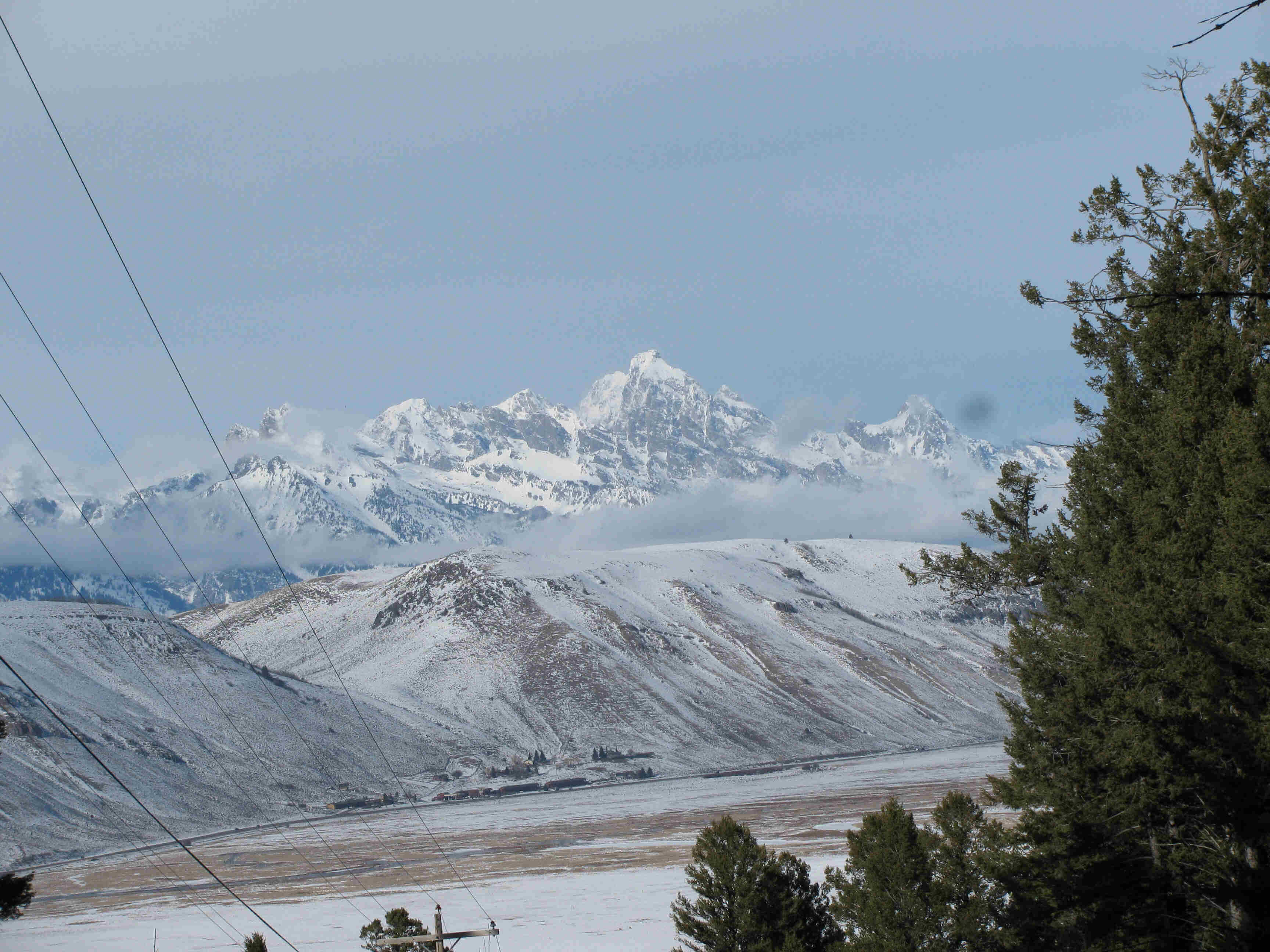 Downward view of power lines on the right and trees on the left, with snow covered mountains in the background
